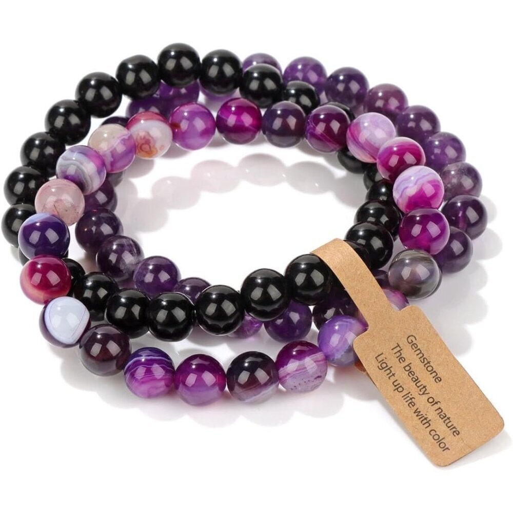 3PCS Purple Agate Crystal Natural Stone Beaded Stretch Bracelet for Women
